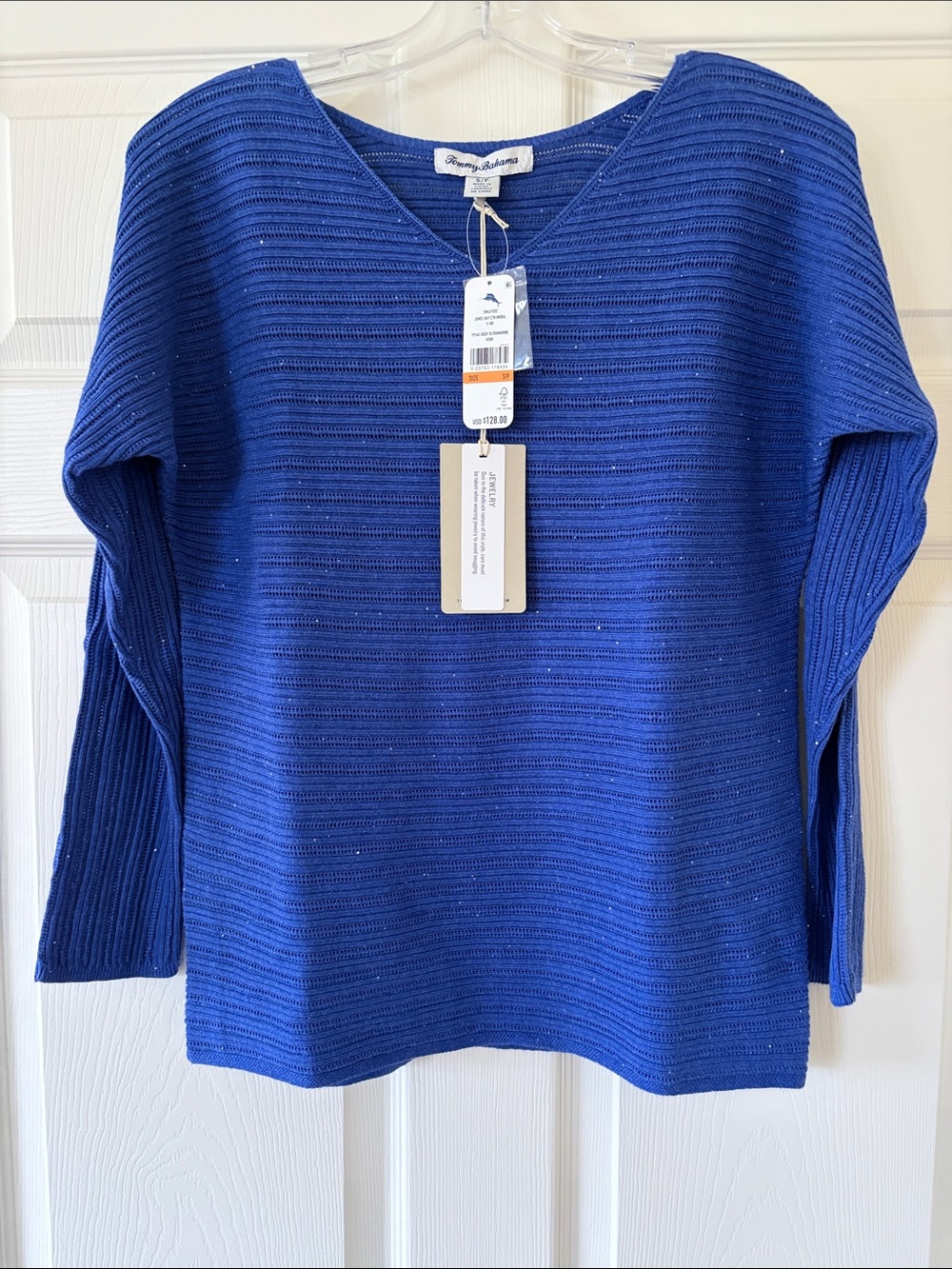 New With Tags Size Small Tommy Bahama Cobalt Blue V-Neck Ribbed Sweater
